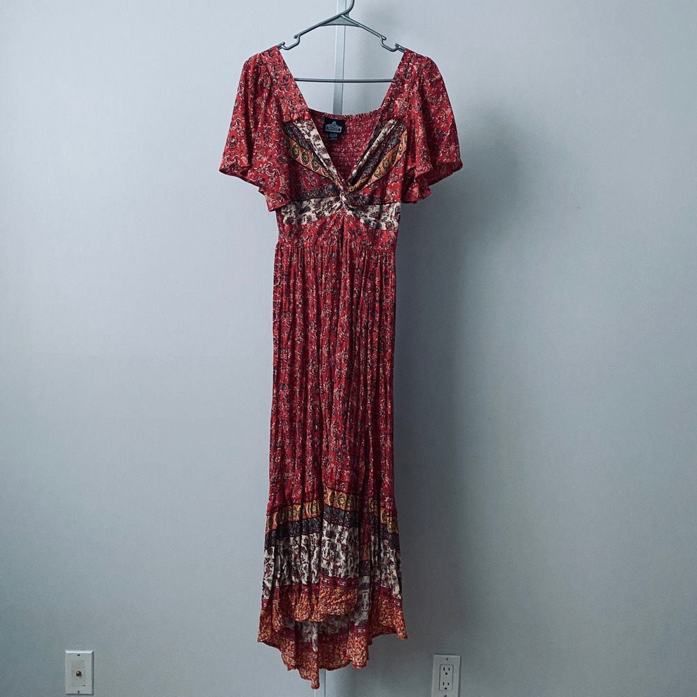 Angie Boho Flowy Beachy Peasant‎ Smocked Maxi Dress Large Red Floral SEO Summer